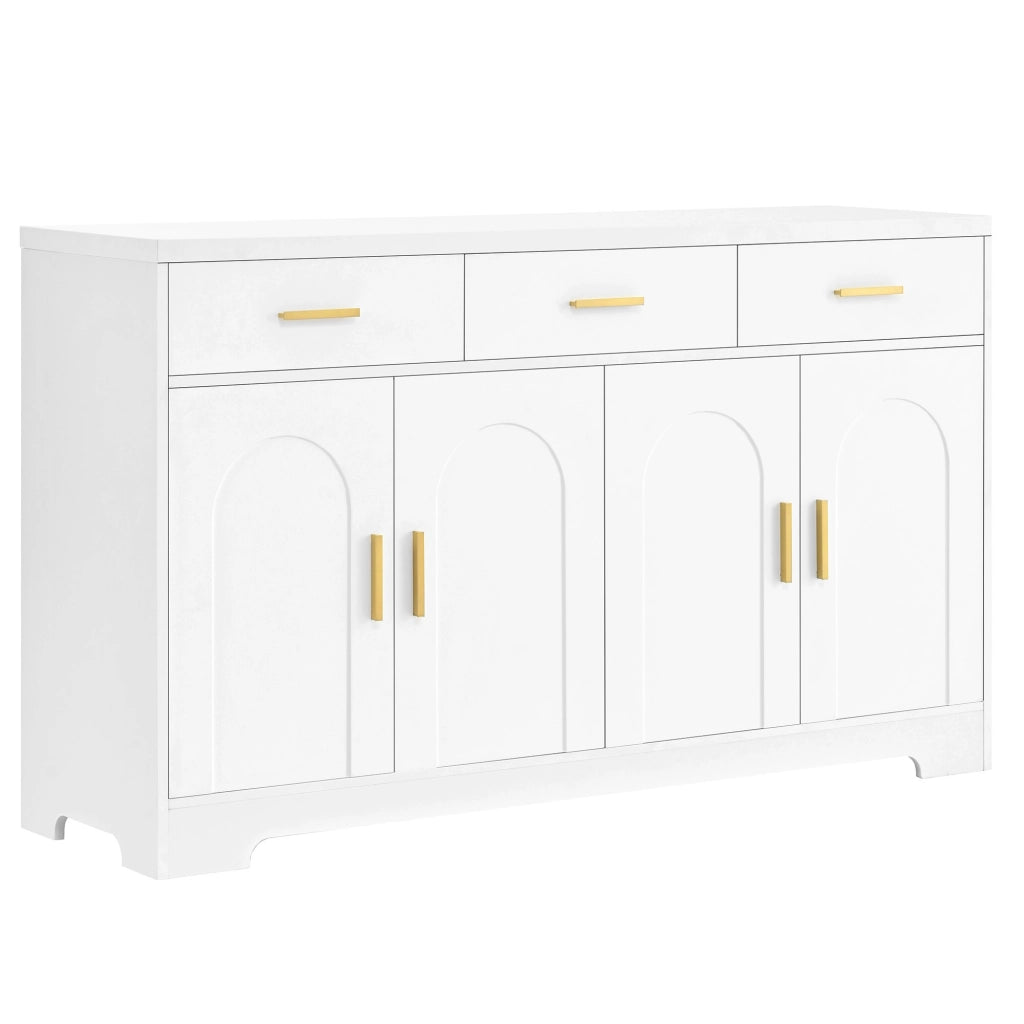 Sideboard bianco con 4 ante ad arco, 3 cassetti e ripiani regolabili, struttura in MDF