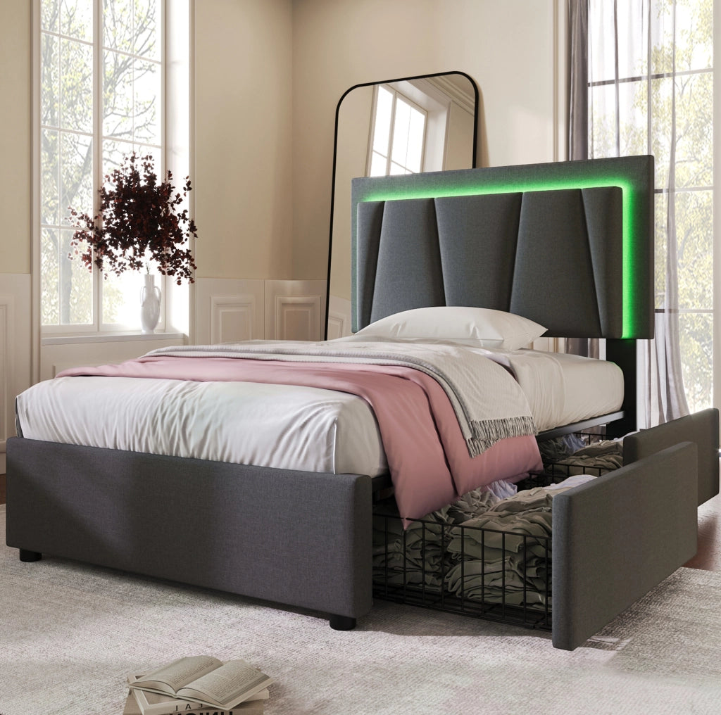Letto singolo imbottito 90x200 cm con LED e 2 cassetti grigio