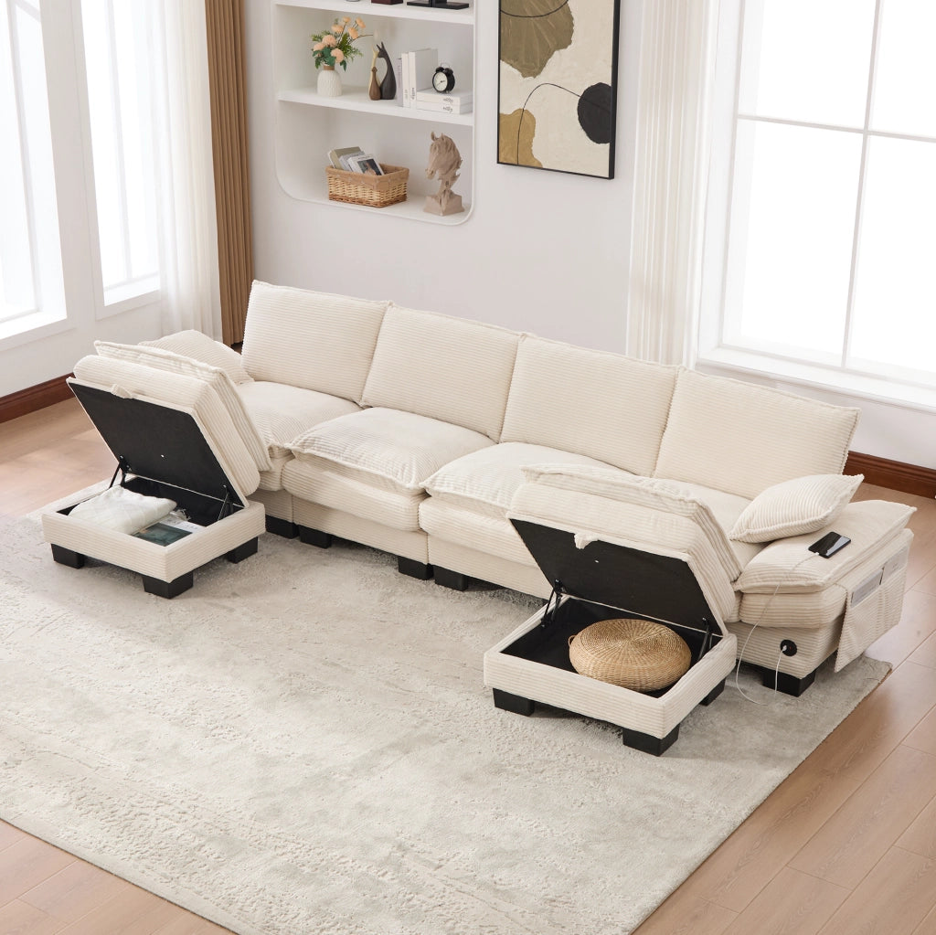 Divano modulare 4 posti in velluto a coste beige con 2 pouf