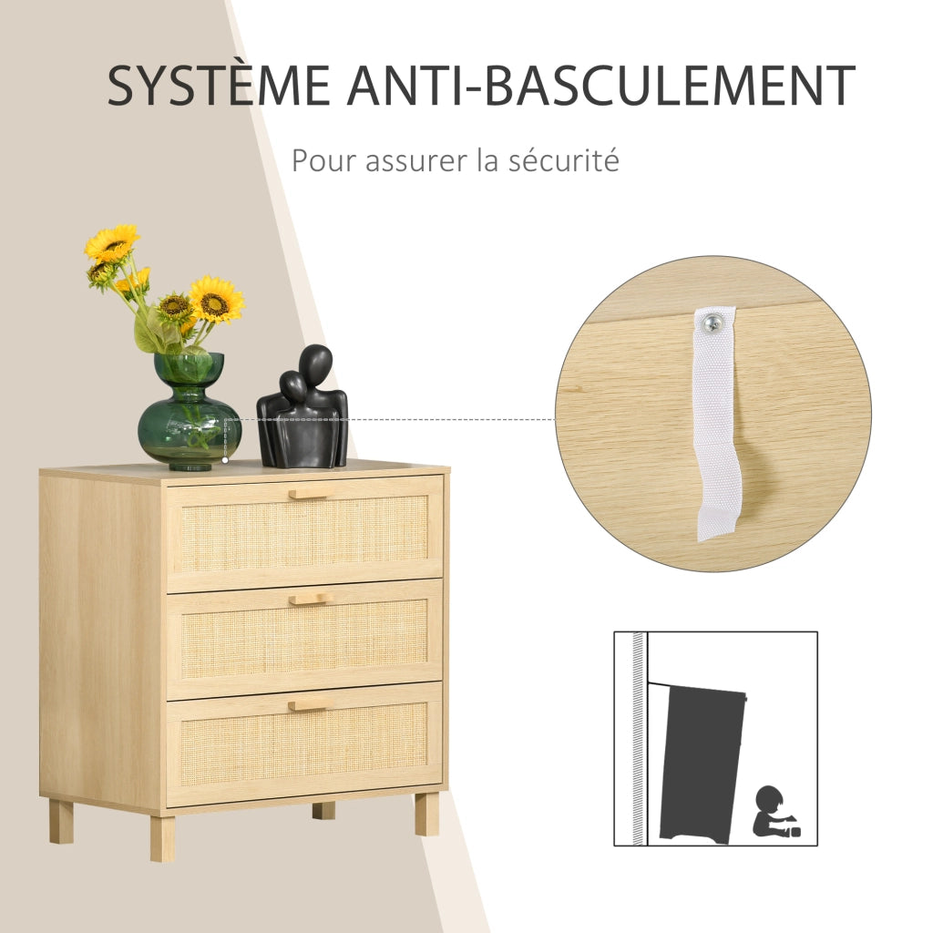 Com¨° 3 Cassetti Cannage in Rattan ¨C zephmum ¨C MDF Effetto Legno Chiaro 80x40x80 cm