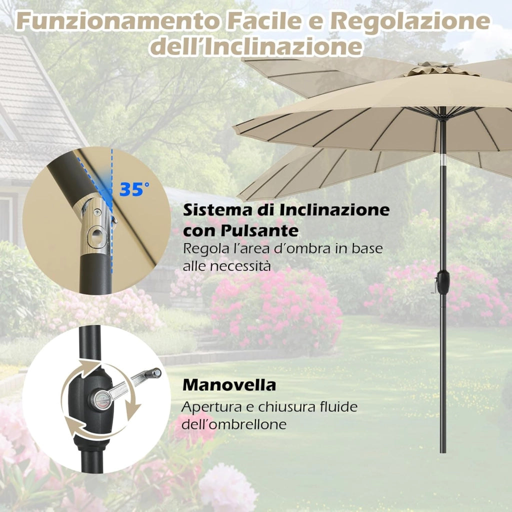 Ombrellone da Giardino 260 cm, Inclinazione Regolabile con 18 Stecche, Tettuccio Ventilato, Ombrellone Pighevole con Manovella, per Giardino Spiaggia