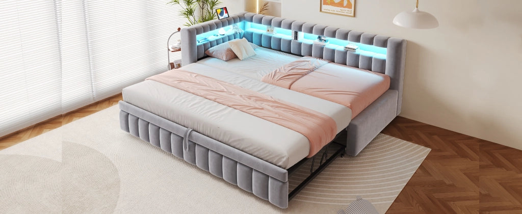 Divano letto con LED, testiera contenitore e USB, 90x200 cm, grigio chiaro