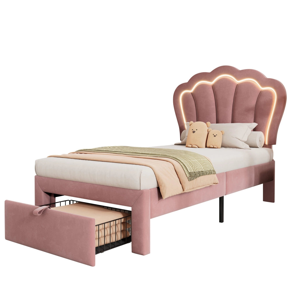 Letto singolo 90x190 cm in velluto rosa con testiera regolabile; LED RGB e cassetto