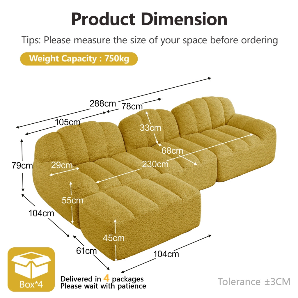 Divano angolare modulare a 3 posti senza struttura con pouf in pile granulare giallo per soggiorno 288 × 165 × 79 cm