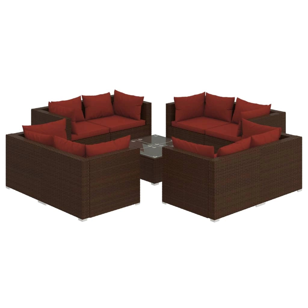 Set mobili da giardino set arredamento da esterno 9 pezzi con cuscini polyrattan marrone 02_0018131