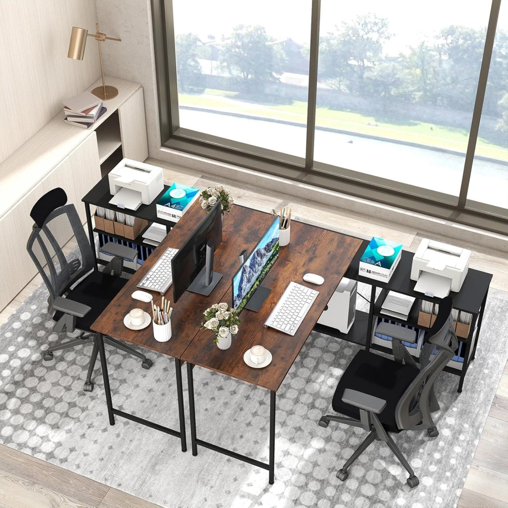 Scrivania Angolare Salvaspazio, Scrivania ad Angolo Gaming con Piano Regolabile in Lunghezza e 2 Ripiani Portaoggetti, Scrittoio Reversibile per Studio e Ufficio, 135x120x74,5cm