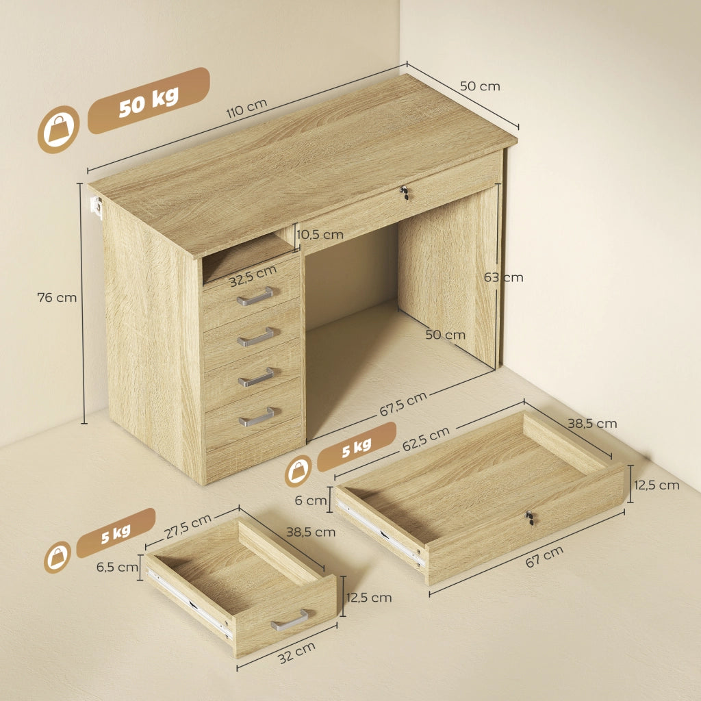 Scrivania moderna con 5 cassetti, piano grande, ripiano aperto, cassetto con serratura ¨C zephmum ¨C quercia 110x50x76cm