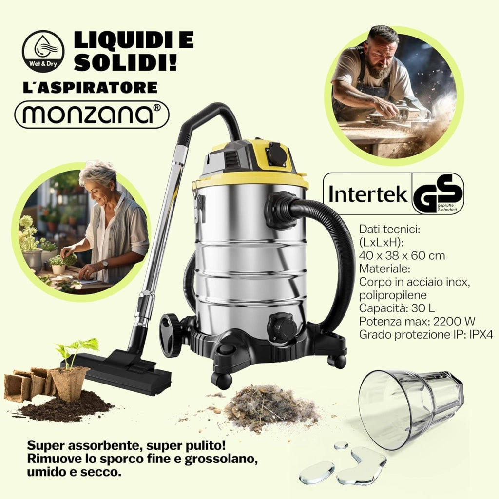 ® Aspirapolvere Liquidi Solidi 30L 2200W Presa Certificata GS Raggio 9m Aspiratore Secco Umido Industriale Acciaio Inox con Funzione di Soffiaggio