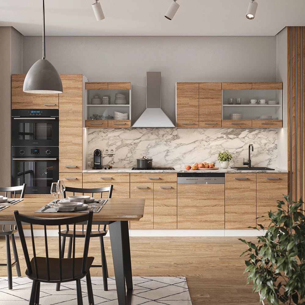 Cucina componibile R-Line Sonoma/Bianco 350 cm con armadio alto, PL Antracite Vicco