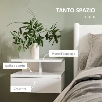 Set da 2 Comodini Moderni Sospesi con Cassetto e Mensola in Legno 35x32x22.5cm, Bianco Lucido