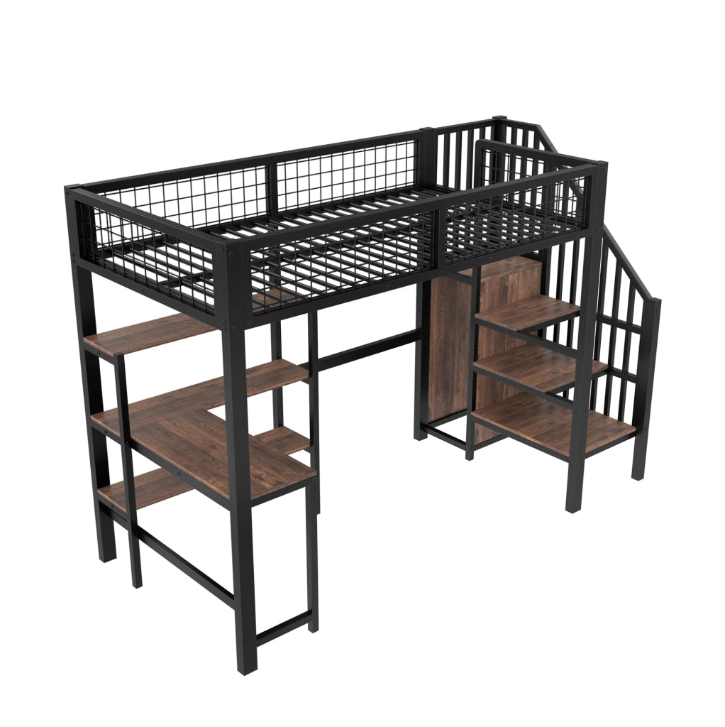Letto a soppalco ULEVR 90x200 cm con scrivania, ripiani e armadio integrato, nero e marrone