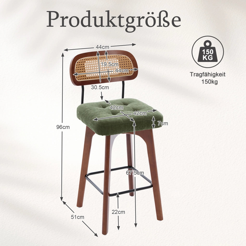 Sgabello da bar girevole a 360° con schienale in rattan; chenille verde