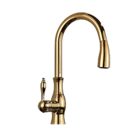 NAVIS | Elegante rubinetto cucina estraibile in acciaio inox dorato, arco alto, miscelatore di lusso, alta pressione, 360°, 2 attacchi