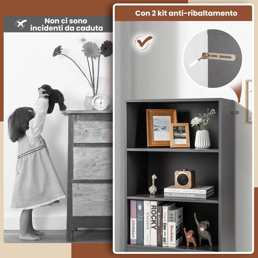 Libreria in Legno con Cassetto, Scaffale di Stoccaggio a 4 Livelli, Scaffale Espositivo per Casa Studio e Soggiorno, 60 x 38 x 120 cm (Grigio)