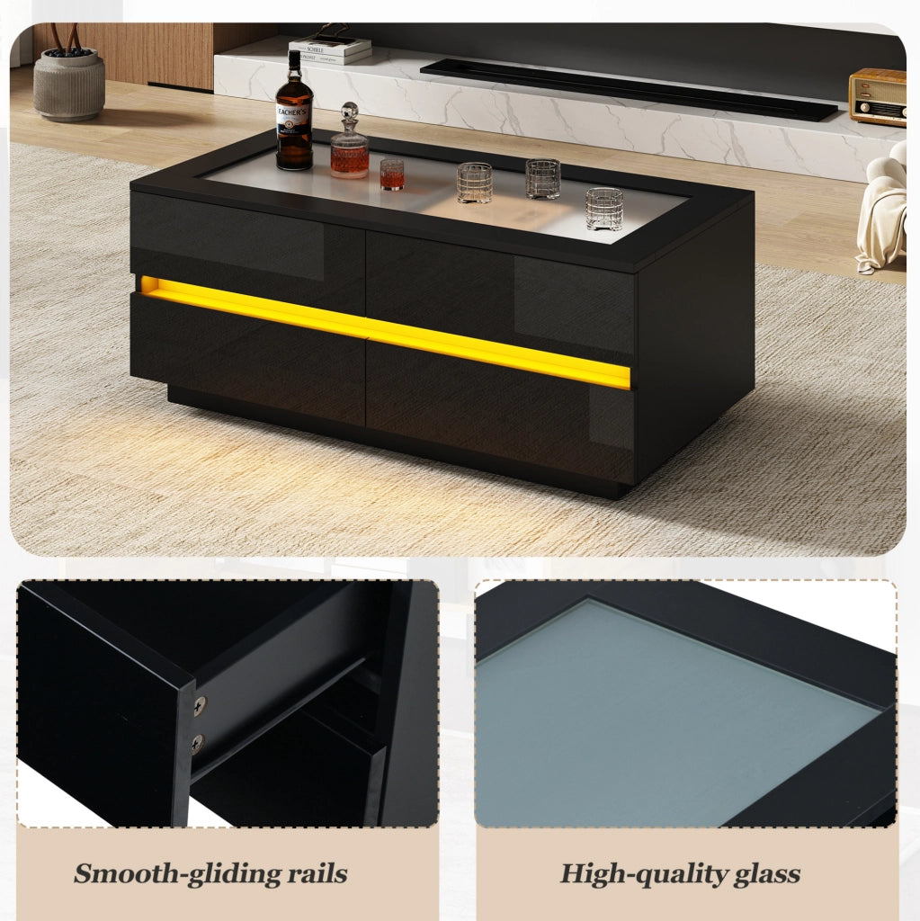 Tavolino da salotto nero 100x50x40 cm con 4 cassetti; LED; piano in vetro temperato