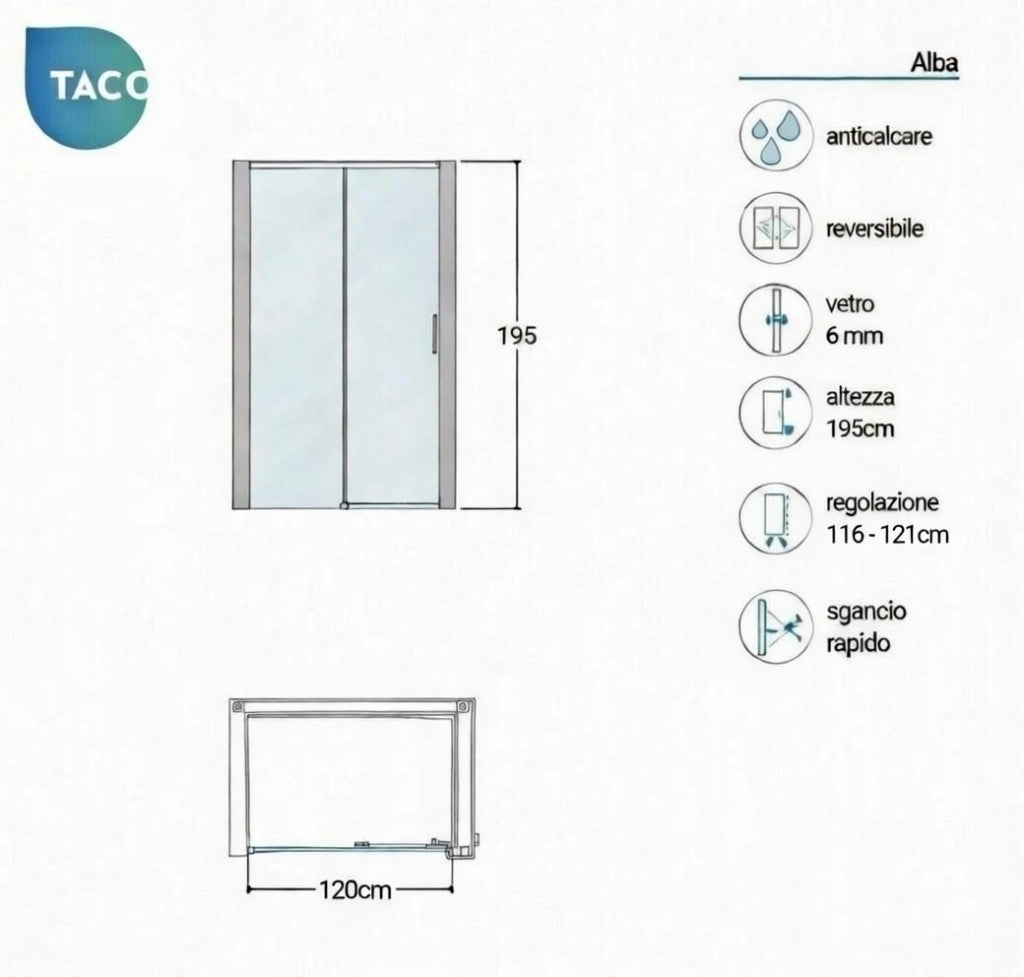 Box doccia a nicchia 120 cm porta scorrevole apertura laterale H195 cm ALBA Cromato