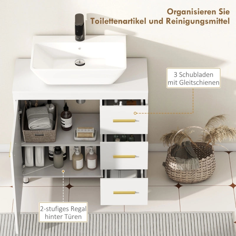 Mobiletto da bagno a 3 ripiani, in MDF e truciolato, colore bianco.