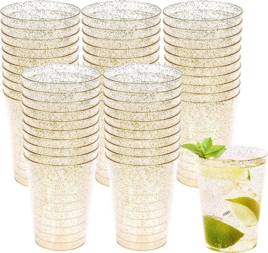 50 bicchieri in plastica rigida con pailletti dorati per compleanni, matrimoni e feste, 300 ml, eleganti, robusti e riciclabili