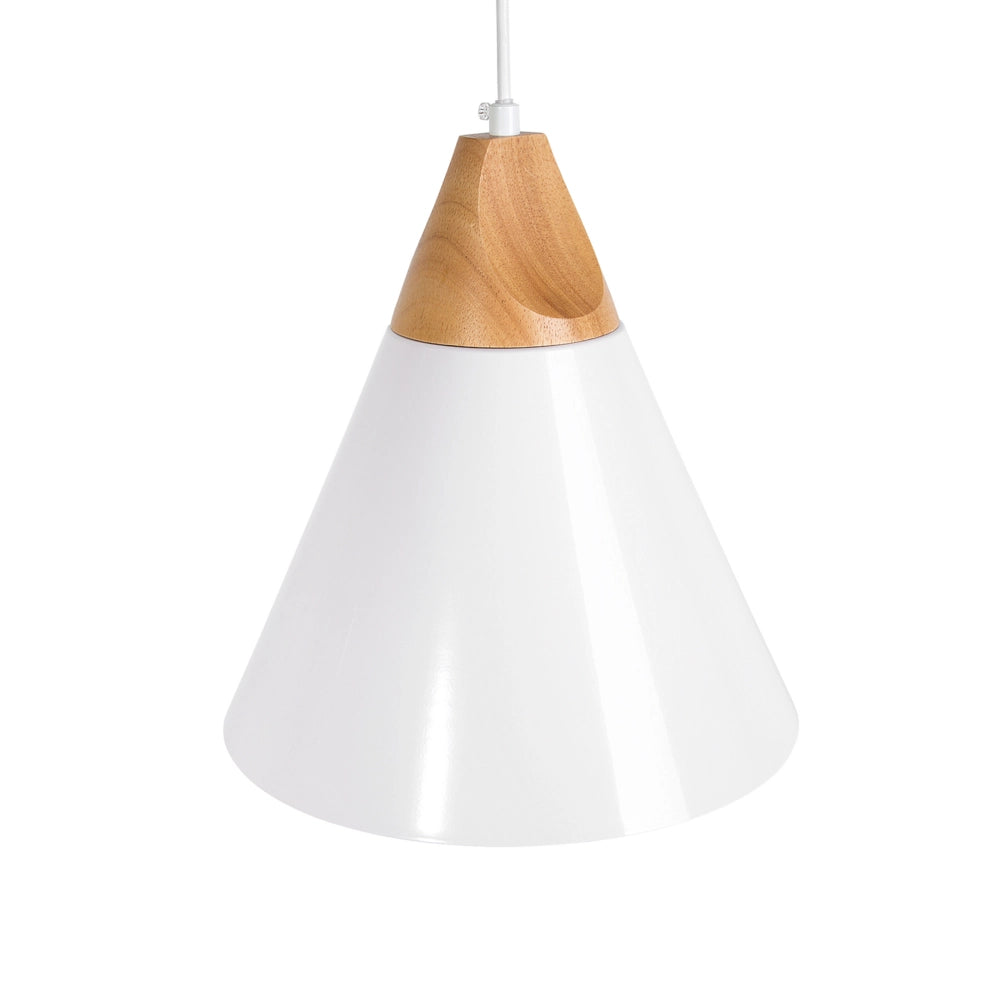 Lampadario in Metallo Bianco e Legno con Paralume a Forma di Cono