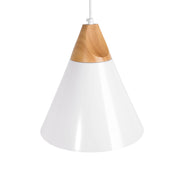 Lampadario in Metallo Bianco e Legno con Paralume a Forma di Cono