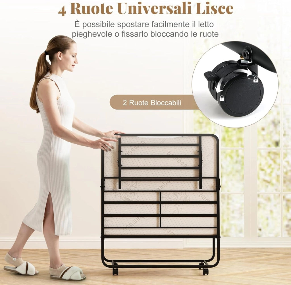 Brandina Pieghevole con Materasso, Letto Portatile per Ospiti con Telaio in Metallo Resistente, Letto Singolo con Ruote Bloccabili, 194x90 cm, Carico 220 kg