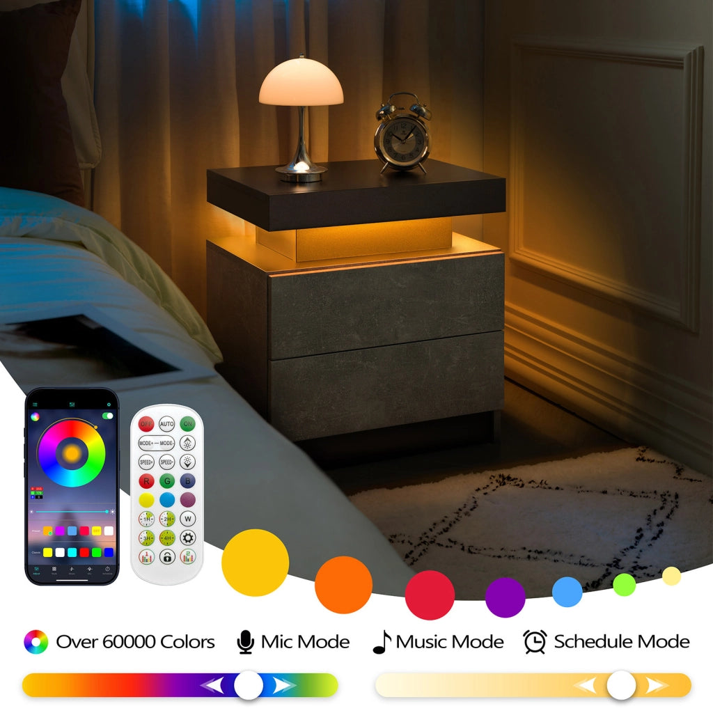 Comodino con LED regolabile; 2 cassetti e vano a giorno; grigio