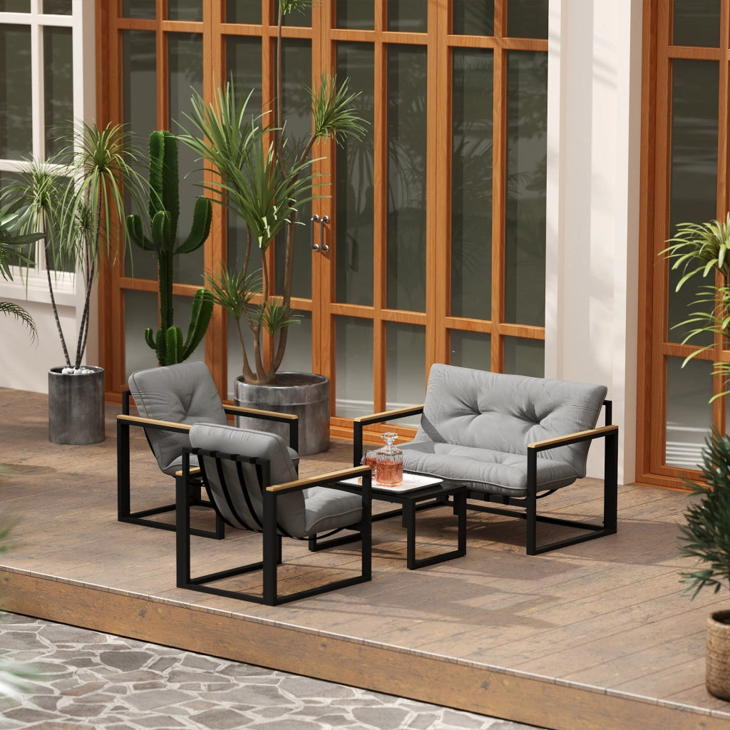 Set Giardino 4 Pezzi con Divanetto 2 Posti, 2 Sedie e Tavolino ¨C zephmum ¨C Grigio Chiaro e Nero, Acciaio e Poliestere