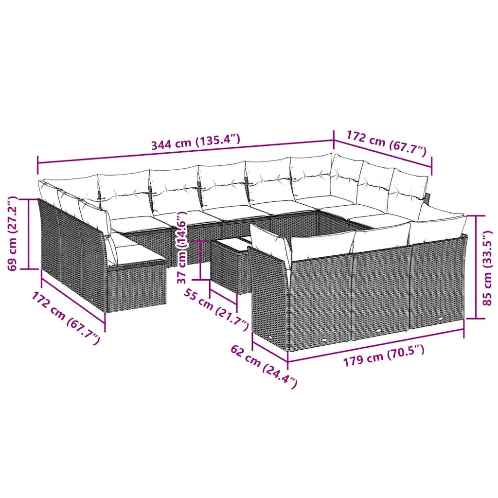 Set Divani da Giardino 14pz con Cuscini in Polyrattan
