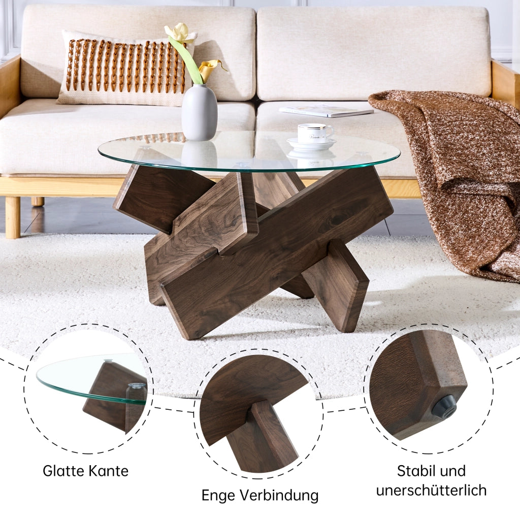 Tavolino da caffè rotondo in MDF e vetro Ø79 cm noce