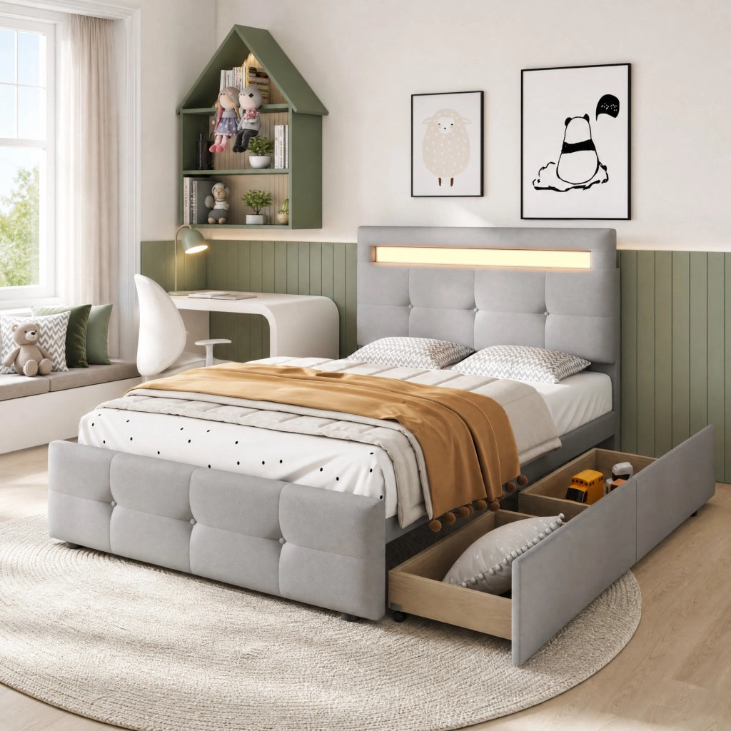 Letto singolo 90x200 cm imbottito con LED e 2 cassetti; grigio