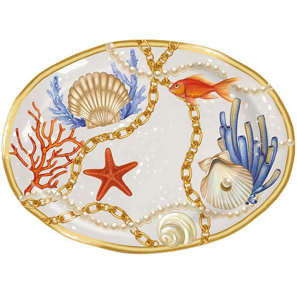 Trade Shop - Vassoio Centrotavola Ovale Con Conchiglie E Coralli In Stile Marino 40x30 Cm -