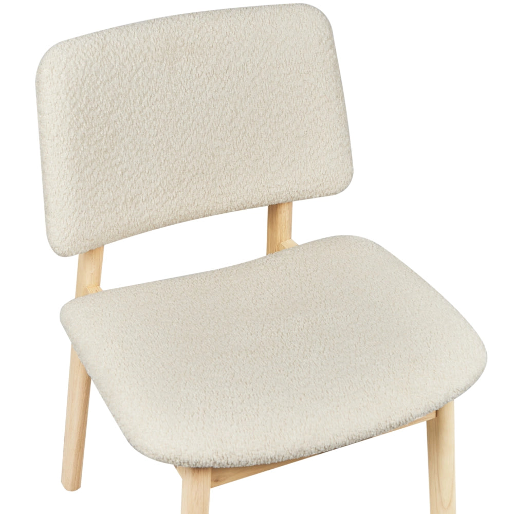 Set di 2 sedie da pranzo marrone chiaro e bianco sporco con struttura in legno di gomma e seduta bouclé, design retrò senza braccioli