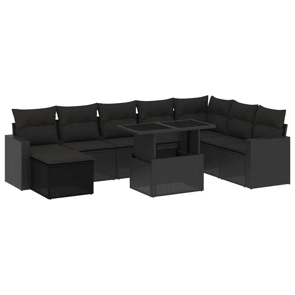 Set Divani da Giardino 9 pz con Cuscini Nero in Polyrattan