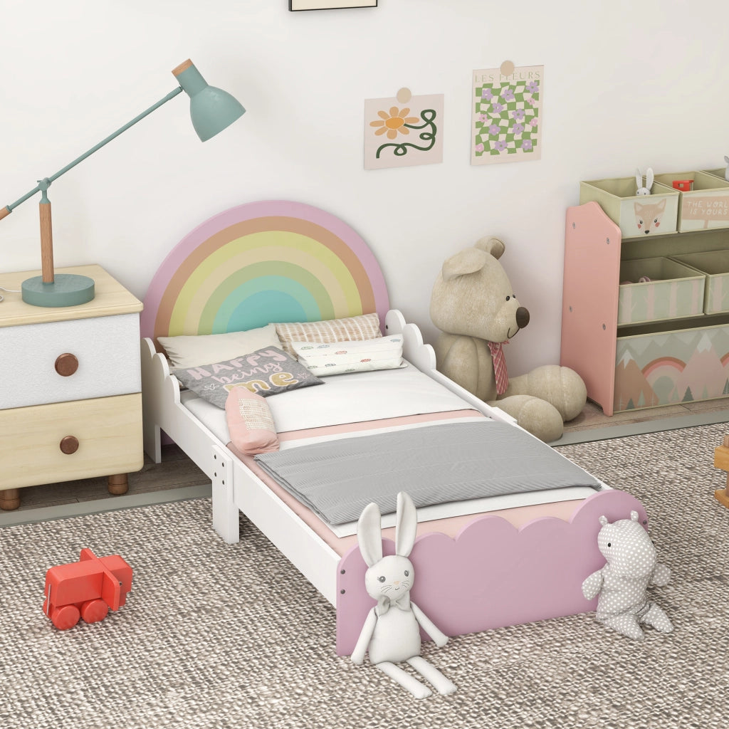 Lettino per Bambini 3-6 Anni con Sponde Laterali Anticaduta in MDF, 143x74x66 cm, Bianco e Rosa
