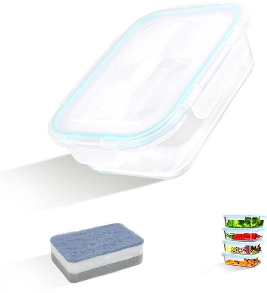 ERUIV 4-pack 1040 ml contenitori in vetro per alimenti con coperchio e 1 spugna per pulizia, contenitori per alimenti, contenitori per alimenti, riutilizzabili, set di contenitori per alimenti, per magnetron, congelatore, lavastoviglie