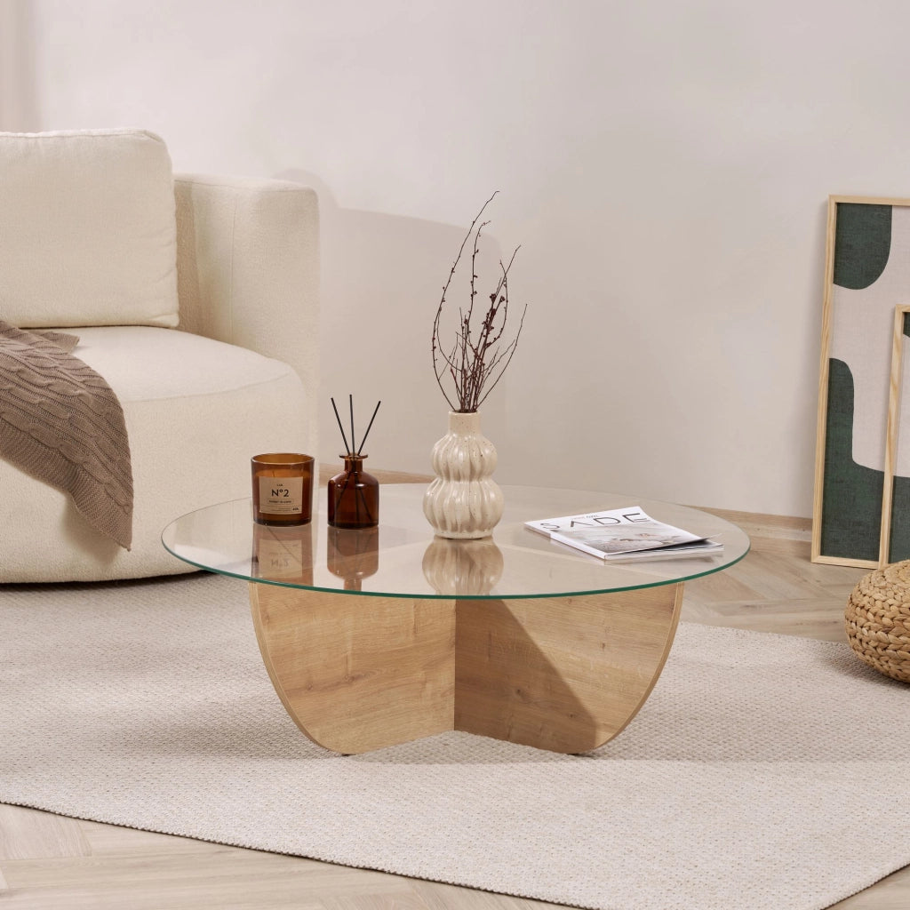 Tavolino in vetro "Liya" 90 x 90 x 30 cm - Rovere zaffiro