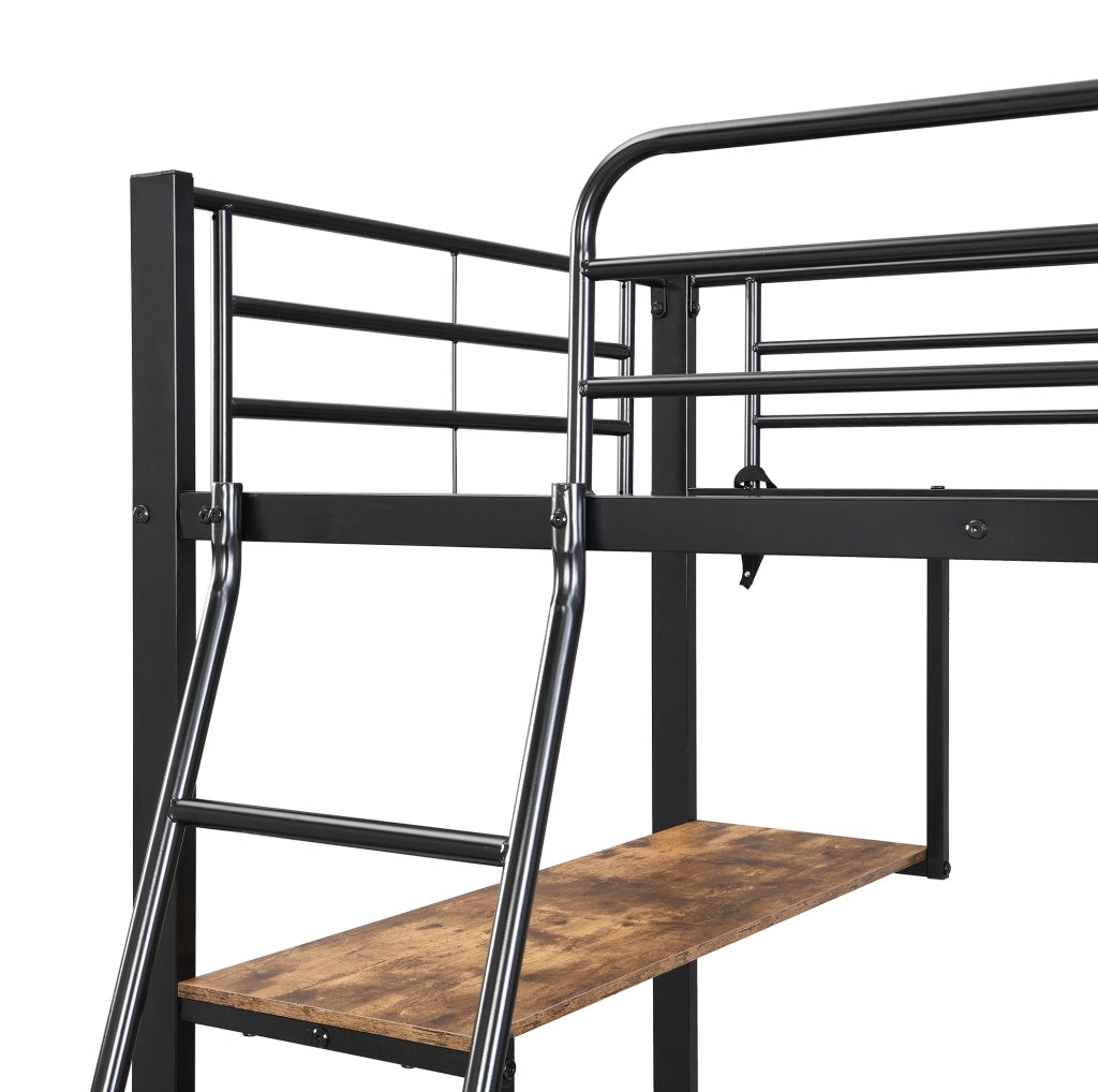 Letto a castello 90x200 cm nero e noce scuro, metallo e legno, con scrivania