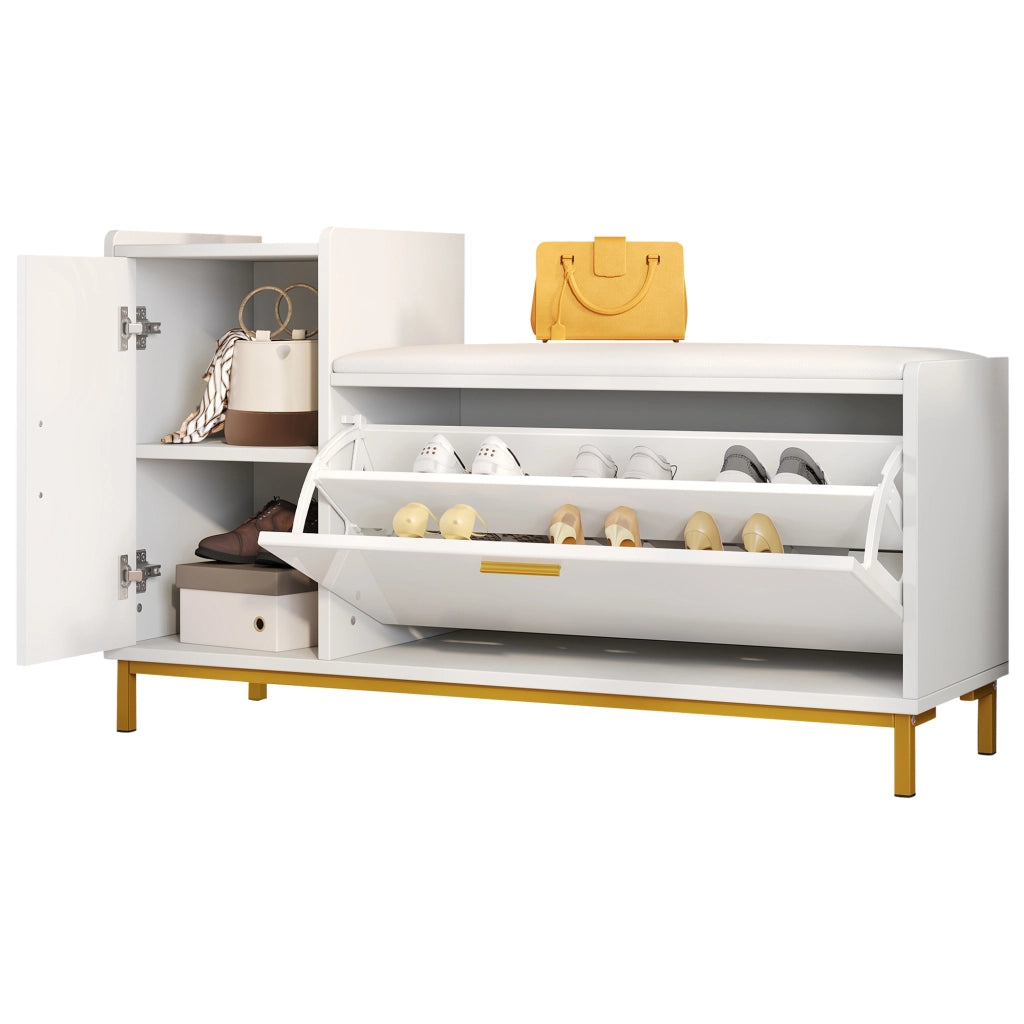 Scarpiera con seduta, 2 ripiani e 1 armadietto, per ingresso, in truciolare e metallo, bianco oro, 100 × 38 × 68 cm