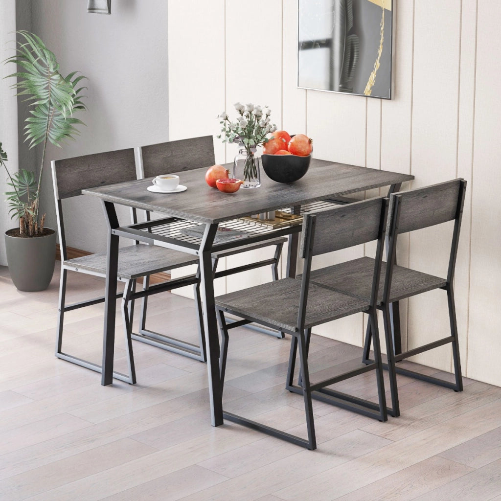 Set da tavolo da pranzo 5 pezzi, Tavolo da cucina con 4 sedie mensola portaoggetti e telaio in metallo Grigio-Tavoli e sedie da pranzo