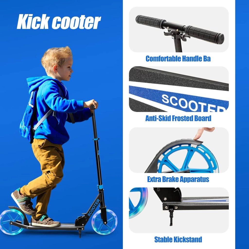 Monopattino Pieghevole per Bambini e Adulti Fino a 110kg, Manopattino a 2 Ruote Luminose con Freno, Scooter per Bambini con Manubrio Regolabile e Cinghia di Trasporto