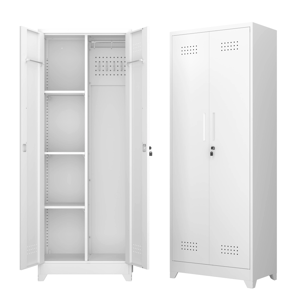 ARMADIO 165 cm in metallo bianco con ripiani regolabili e asta appendiabiti