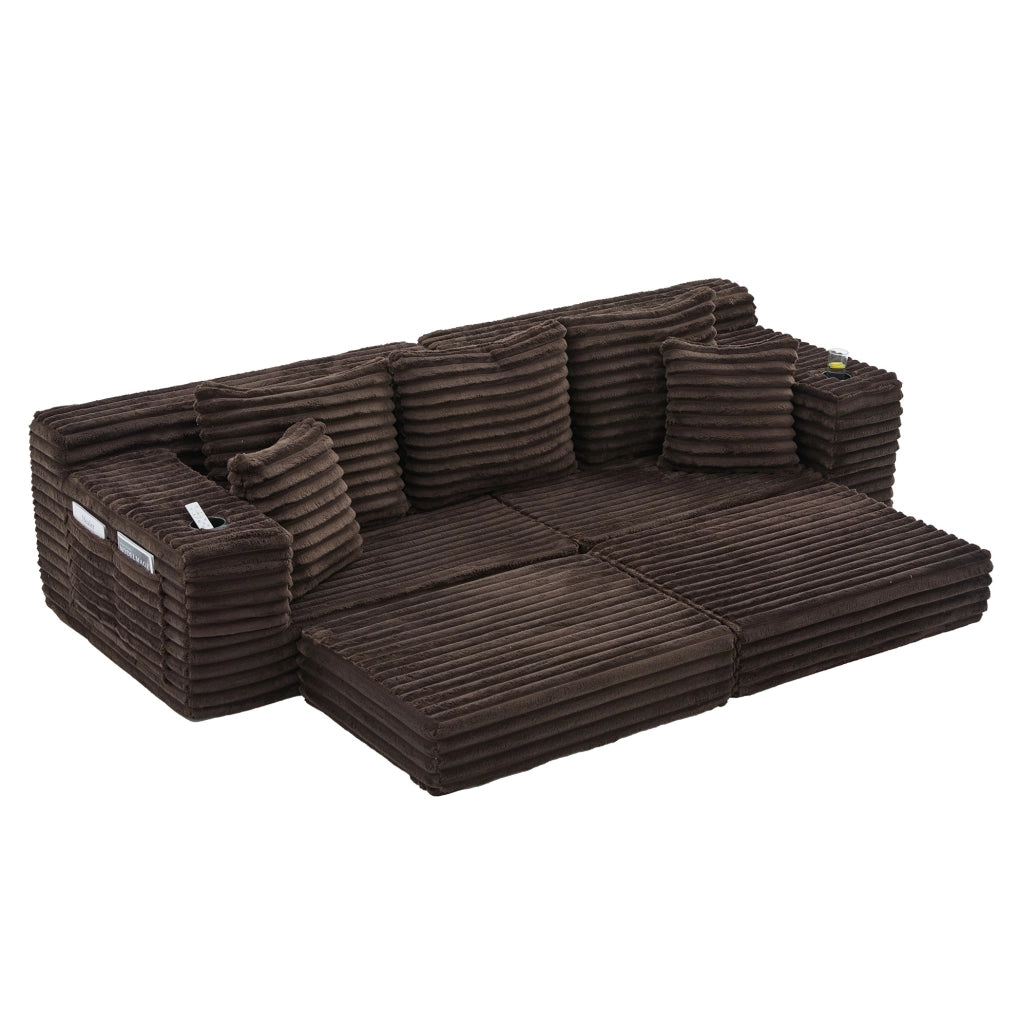 Divano letto 273 x 98 x 87 cm marrone, tasche e portabicchieri, tessuto a coste