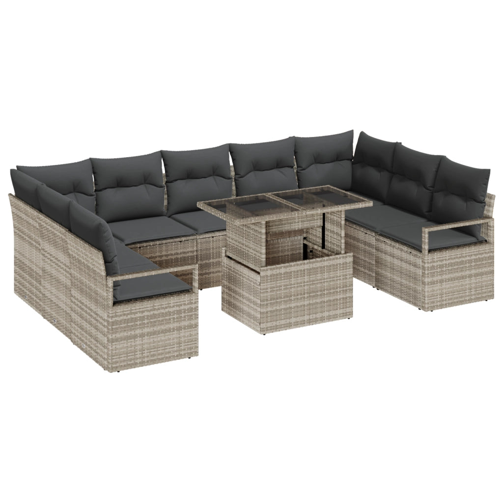 Set Divano Giardino  10 Pezzi con Cuscini Grigio Chiaro Polyrattan