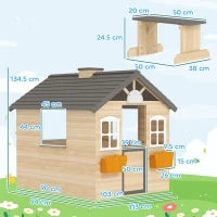 Casetta Bimbi 3-7 Anni a 2 Finestre con Portavasi e Panchina, in Legno di Abete e PP, 113Lx94x134.5 cm