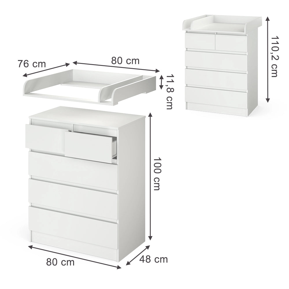Vicco Fasciatoio Bianco 80 x 110.2 cm con 5 cassetti