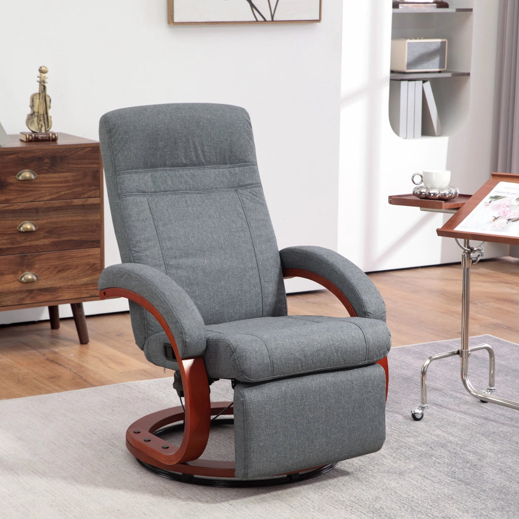 Sedia relax girevole con schienale reclinabile 135°, poggiapiedi separato, struttura in legno di eucalipto, tessuto effetto lino grigio
