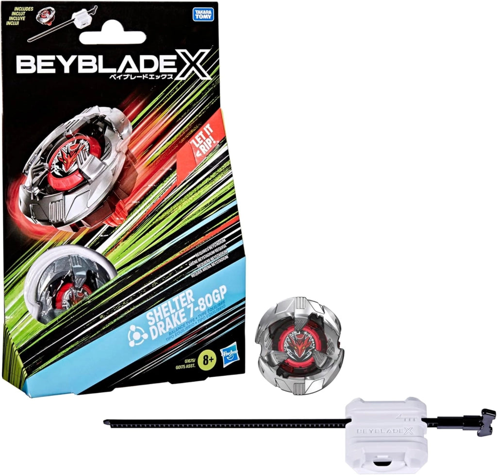 Beyblade X, Set Starter Pack Shelter Drake 7-80GP BX con Trottola e Lanciatore,Hasbro, Eta 8+