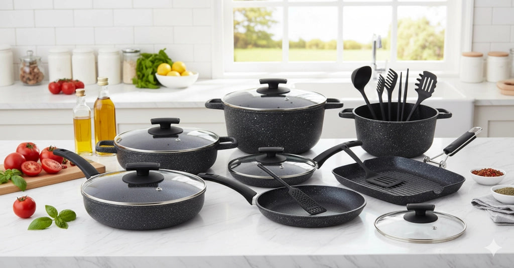 Batteria di Pentole 18 Pezzi in Alluminio Pressofuso Antiaderente Olympia Hard Cook
