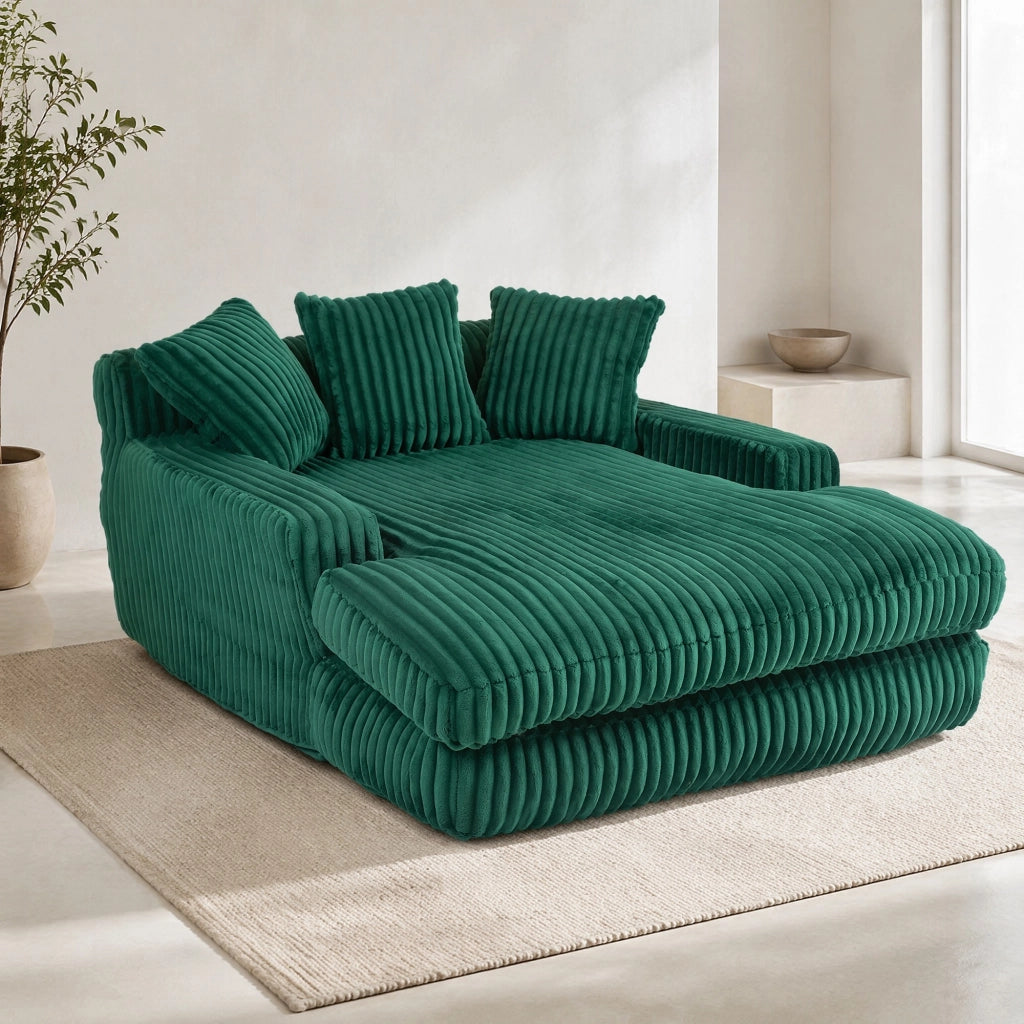 Chaise Longue Poltrona da Pavimento con Design Ergonomico e 3 Cuscini, in Velluto a Coste Smeraldo 125 × 155 × 63 cm