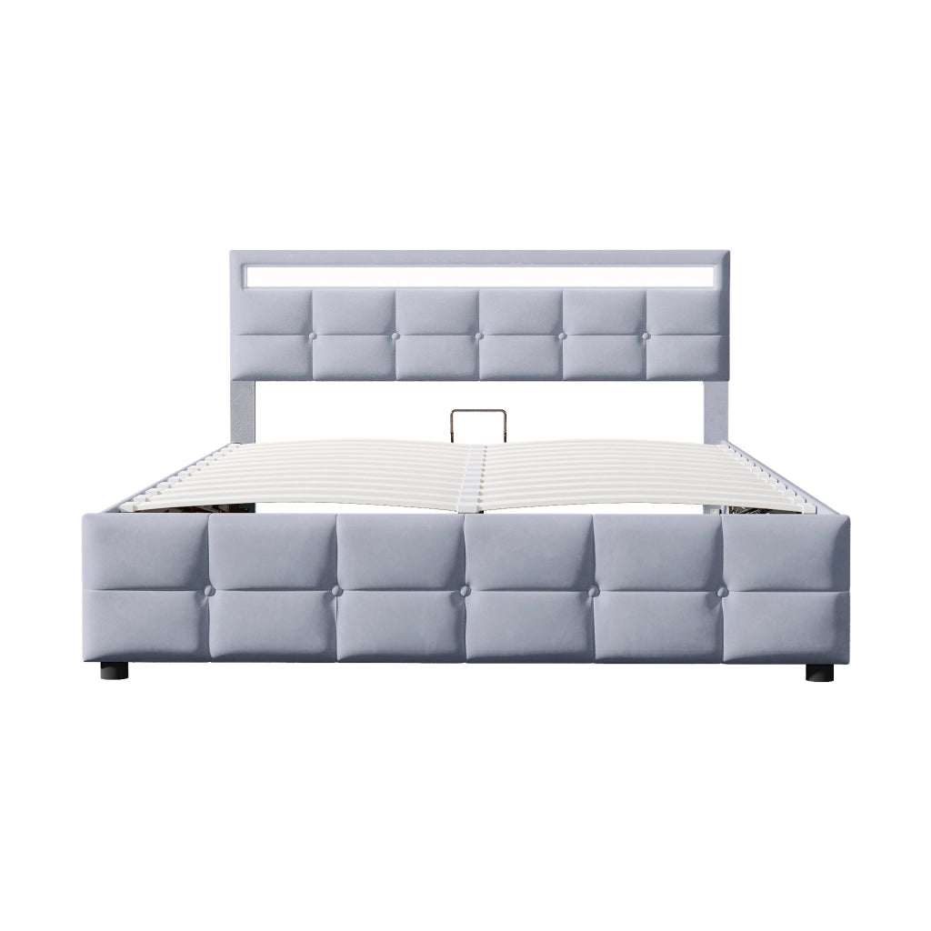 Letti contenitori 180x200 cm con LED e rete a doghe; velluto; grigio